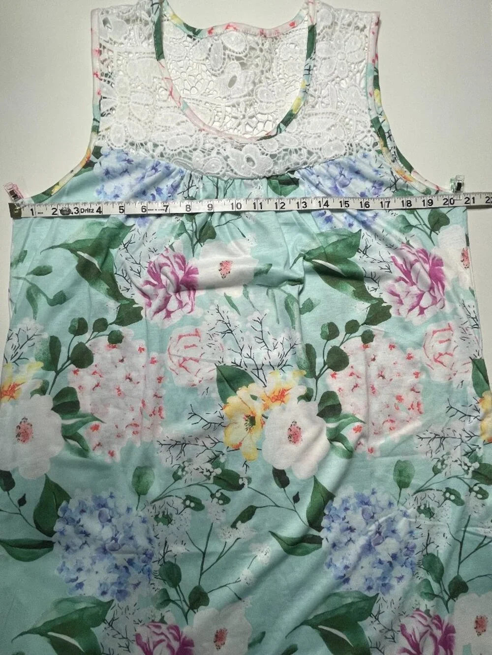 Women’s Green Floral Sleeveless Nightgown Med Lace Trim Knee Length Excellent